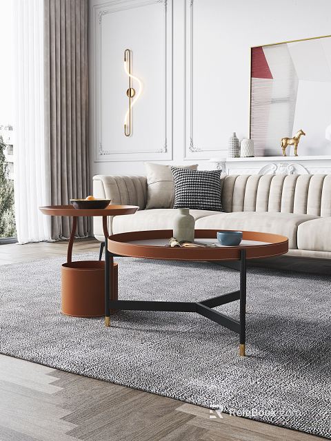 Elegant Modern Coffee Table With Round Wooden Top Metal Frame And Light Sofa In Living Room 3d model 