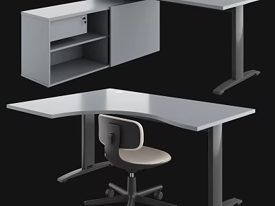 Modern L shaped Office Desk with Adjustable Height Legs Ergonomic Chair and Storage Cabinet 3d model