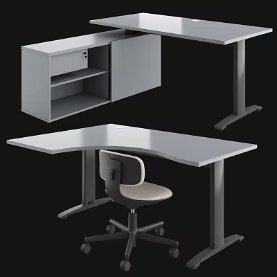 Modern L shaped Office Desk with Adjustable Height Legs Ergonomic Chair and Storage Cabinet 3d model