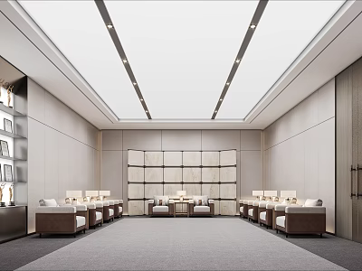 Modern Meeting Room Interior With Long Table Comfortable Seats Grey Walls Ceiling Design And Carpet 3d model