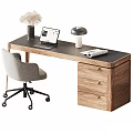 Modern Wooden Desk With Laptop Table Lamp Vase Magazine And Gray Office Chair