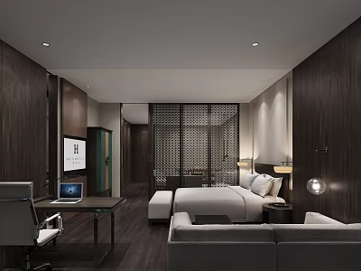 Modern Hotel Room Interior Featuring Bed Sofa Desk Wooden Walls And Lighting 3d model