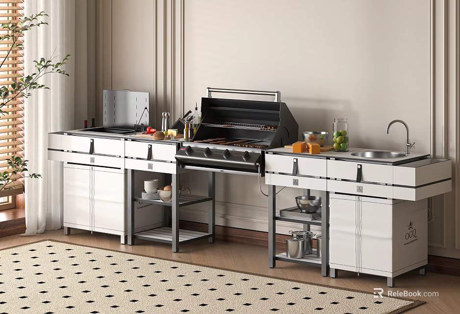 Modern Open Kitchen Interior With Island Counter Grill Sink And Cabinets Utensils 3d model 