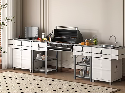Modern Open Kitchen Interior With Island Counter Grill Sink And Cabinets Utensils 3d model