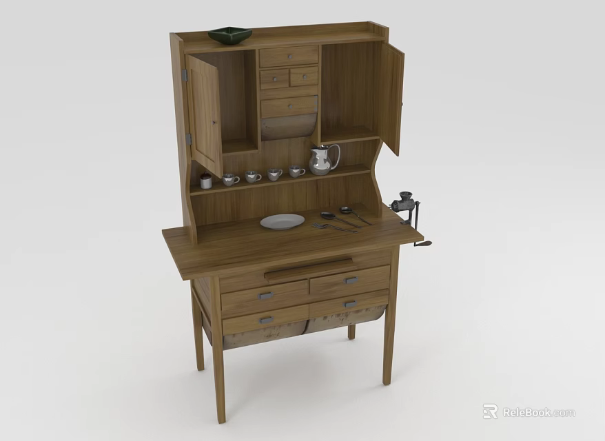 Wooden Sideboard With Open Cabinets Multiple Drawers And Tabletop Tea Set 3d model 
