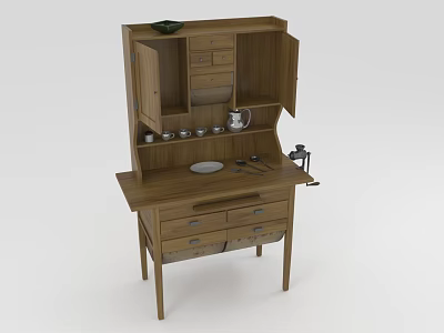 Wooden Sideboard With Open Cabinets Multiple Drawers And Tabletop Tea Set 3d model