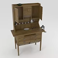 Wooden Sideboard With Open Cabinets Multiple Drawers And Tabletop Tea Set