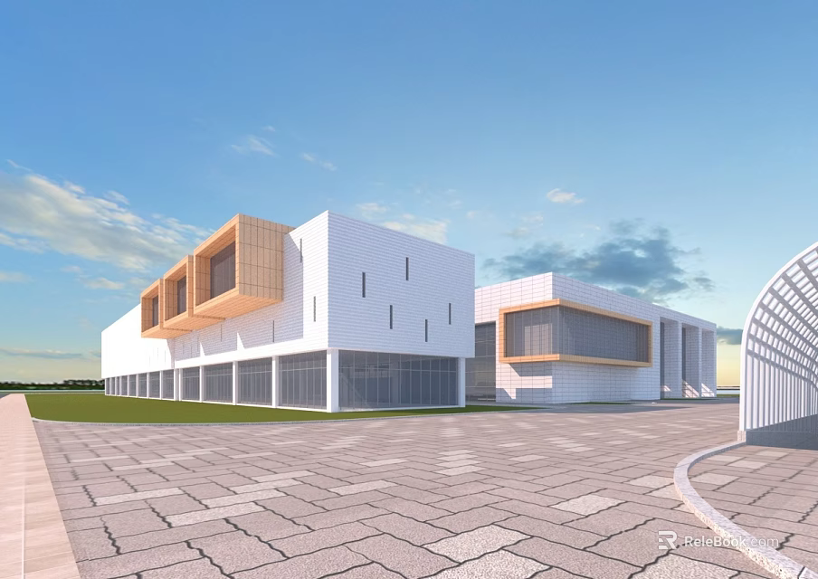 Modern White Building With Wooden Accents Large Glass Windows Plaza Under Blue Sky White Clouds 3d model 