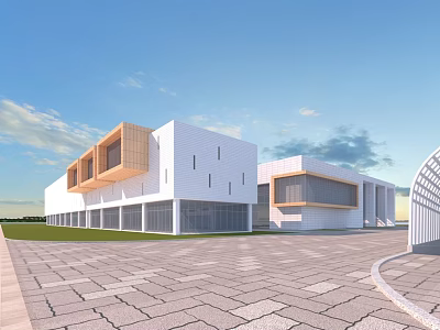 Modern White Building With Wooden Accents Large Glass Windows Plaza Under Blue Sky White Clouds 3d model