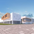 Modern White Building With Wooden Accents Large Glass Windows Plaza Under Blue Sky White Clouds