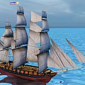 Tall Sailing Ship With Gray Sails Red Black Hull On Blue Ocean Clear Sky