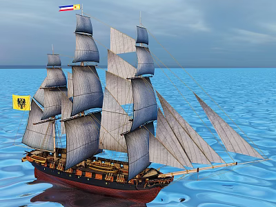 Tall Sailing Ship With Gray Sails Red Black Hull On Blue Ocean Clear Sky 3d model
