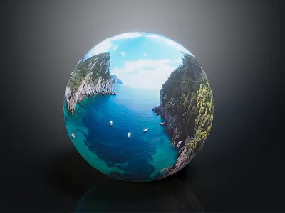 Garden Landscape Design On Globe With Lush Green Vegetation Rocky Cliffs And Blue Sea 3d model