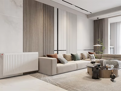 Beige Sectional Sofa With Colorful Cushions In Modern Living Room With Wooden Panels 3d model