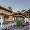 Traditional Garden Space With Thatched Roof Architecture Stone Path Green Plants And Pedestrians
