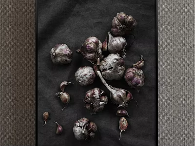 Heap Of Fresh Purple Garlic Bulbs On Dark Textured Background 3d model