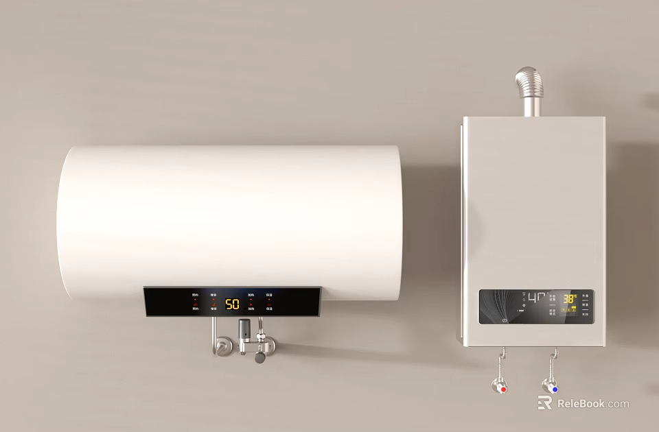 Wall Mounted White Cylindrical and Square Water Heaters with Control Panels 3d model 