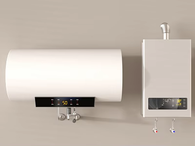 Wall Mounted White Cylindrical and Square Water Heaters with Control Panels 3d model
