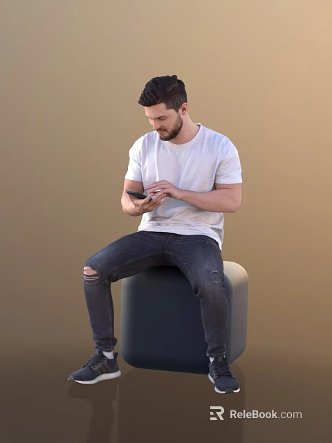 Man in white T-shirt and ripped jeans sitting on gray cylindrical object using smartphone 3d model 