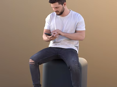 Man in white T-shirt and ripped jeans sitting on gray cylindrical object using smartphone 3d model