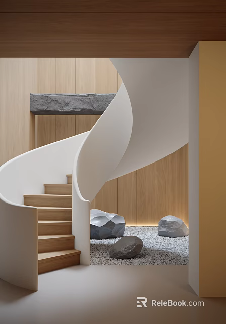 White Spiral Staircase In Interior With Wooden Walls And Stone Decor 3d model 