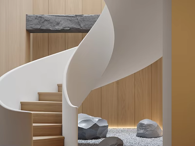 White Spiral Staircase In Interior With Wooden Walls And Stone Decor 3d model