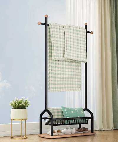 Black Metal Clothes Rack with Hanging Checkered Towels and Potted Plant 3d model