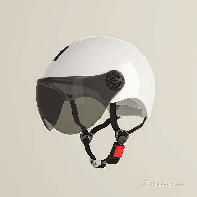 White Safety Helmet With Black Visor And Adjustable Straps Red Detail 3d model 
