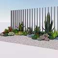 Mixed Succulent Plants Display With White Vertical Slat Fence On Gravel Ground