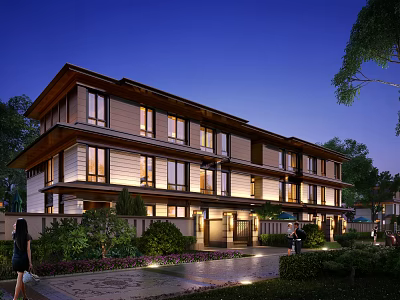 Modern Multilevel Townhouse With Illuminated Windows Landscaped Gardens Pathway And Warm Ambiance 3d model