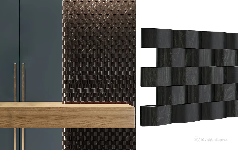 Modern Wall Design Featuring Woven Texture Black Decorative Panels And Wooden Shelf 3d model 