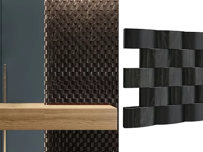 Modern Wall Design Featuring Woven Texture Black Decorative Panels And Wooden Shelf 3d model