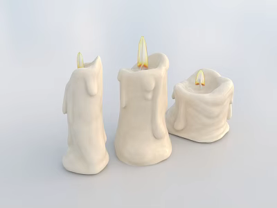 White Candle Lamps With Melted Wax And Lit Flames In Different Shapes 3d model