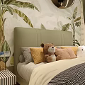 Kids Bed in Tropical Children's Room with Plant Wallpaper Stuffed Toys Circular Clock and Skateboard