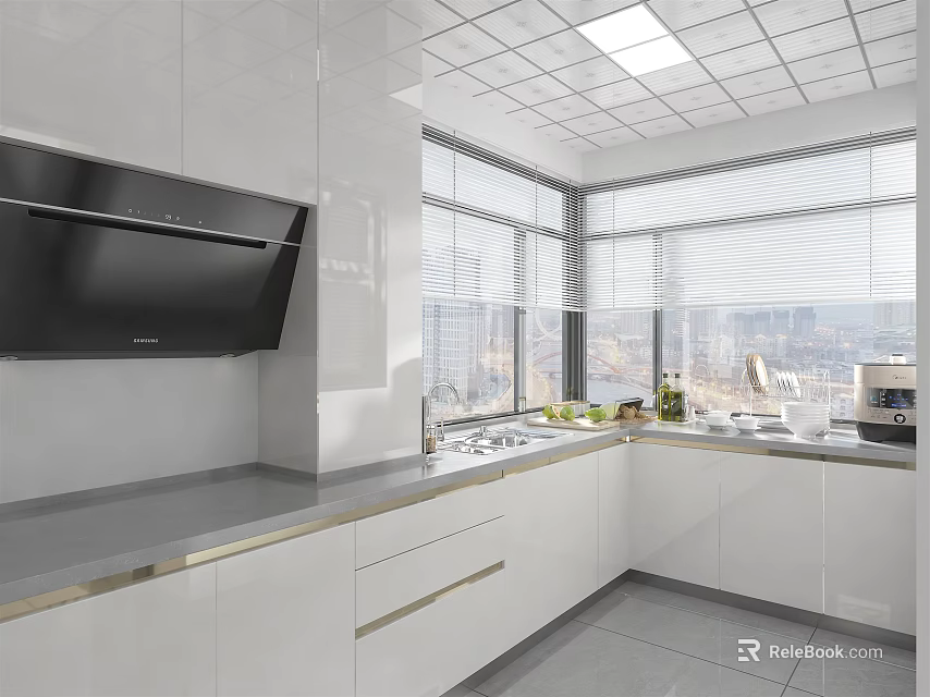 Modern Kitchen With White Cabinets Black Range Hood Gray Countertop And Large Windows With Blinds 3d model 