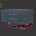Urban Three Story Building With Gray Facade White Red Awnings Green Graffiti