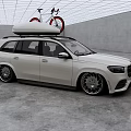 White Mercedes SUV With Red Bicycles Mounted On Roof Rack In Modern Indoor Garage