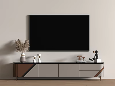 Sleek Modern TV Stand in Gray and Brown with Wall Mounted TV and Decorative Ornaments 3d model