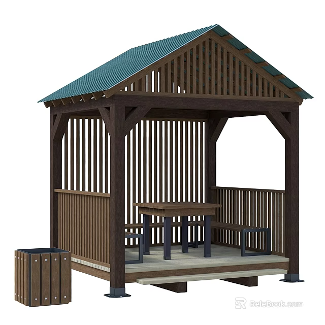 Wooden Landscape Pavilion With Green Roof Table Benches And Wooden Railing 3d model 