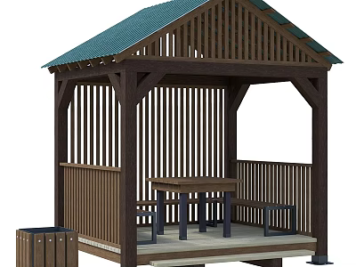Wooden Landscape Pavilion With Green Roof Table Benches And Wooden Railing 3d model