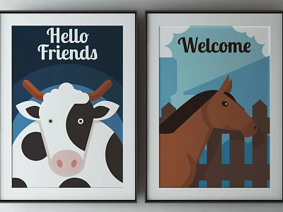 Two Decorative Posters Featuring Cow Hello Friends And Horse Welcome Design 3d model