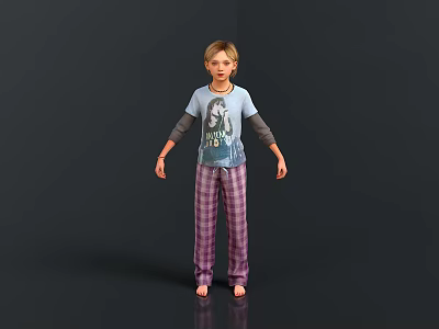 Child Wearing Blue Graphic T-Shirt and Purple Plaid Pajama Pants Standing 3d model