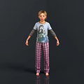 Child Wearing Blue Graphic T-Shirt and Purple Plaid Pajama Pants Standing
