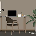 Modern Wooden Desk With Laptop Table Lamp Comfortable Chair Large Plant And Wall Art