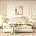 Double Bed with Pink Curved Headboard Bow Detail Green Blanket White Nightstand Lamp Beige Curtains