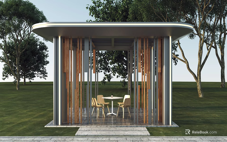 Modern Garden Pavilion With Wooden Metal Elements Grass Trees And Tables Chairs 3d model 