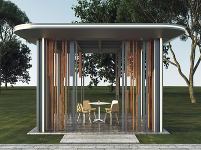 Modern Garden Pavilion With Wooden Metal Elements Grass Trees And Tables Chairs 3d model
