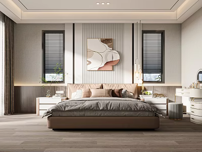 Modern Bedroom Interior With Beige Bed Soft Pillows Nightstands Abstract Painting And Wooden Flooring 3d model