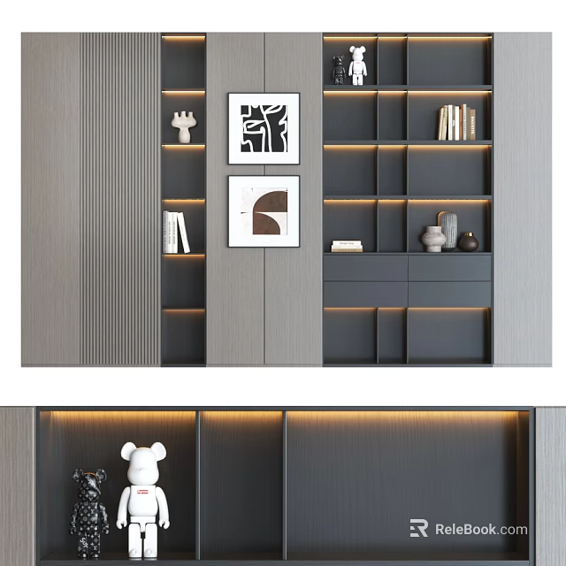 Modern Bookcase Interior Design With Layered Shelves Decorative Items And LED Lighting 3d model
