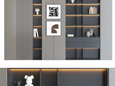 Modern Bookcase Interior Design With Layered Shelves Decorative Items And LED Lighting 3d model
